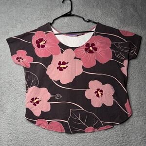 Laha'ole Hawaii Blouse Women’s 2XL Gray and Pink Flower Short Sleeve